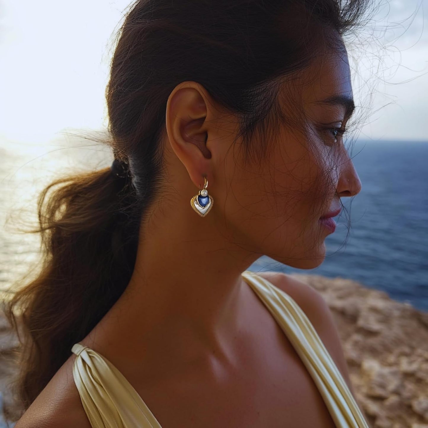 Aegean Heartbeat Gold Hoop Dangle Earrings, 18K Gold Plating with Enamel & Seashells, Statement Earrings for Women Trendy, Small Gold Hoops