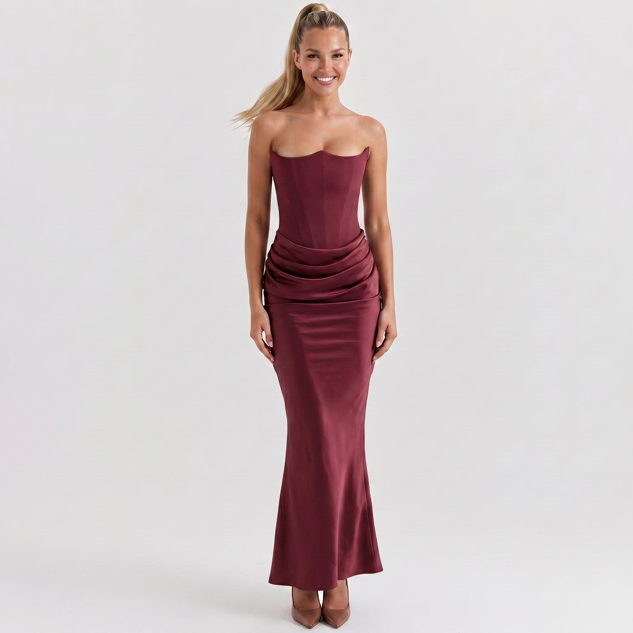 allured strapless maxi dress burgundy Wine Corset | Draped Gown for Women | Formal Evening Whether youre headed to Color:Escalade Khaki Satin Bow Dress Casual Short By