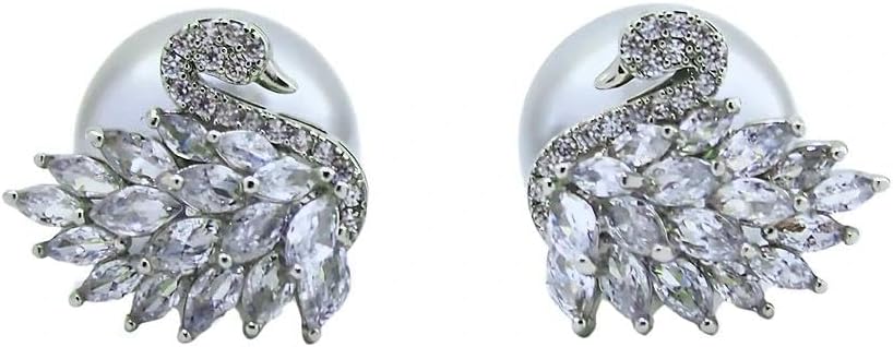 Moonlit Serenade Swan Stud Earrings for Women, Trendy Double-Sided Swan & Grey Crystal Big Pearl Studs, Hypoallergenic Sterling Silver Earring Posts, Statement Pearl Jewelry, Cute Unique Jewelry Gift