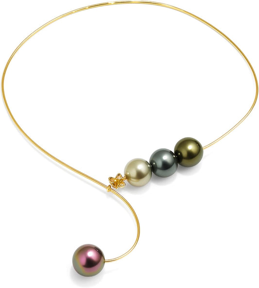 Celestial Harmony Dainty Gold Necklace with Simulated Tahitian Pearls – 925 Sterling Silver Snake Chain with 18K Gold Plating, Trendy Minimalist Choker and Lariat Necklace for Women, Statement Jewelry