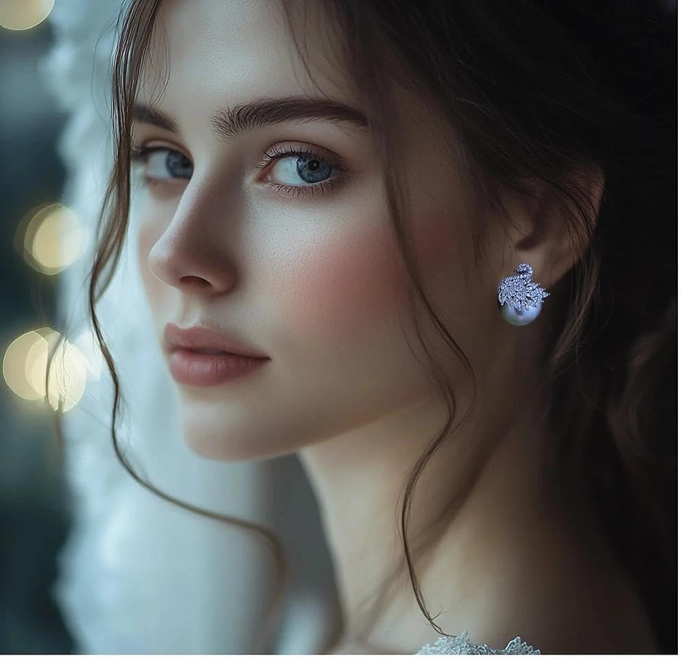 Moonlit Serenade Swan Stud Earrings for Women, Trendy Double-Sided Swan & Grey Crystal Big Pearl Studs, Hypoallergenic Sterling Silver Earring Posts, Statement Pearl Jewelry, Cute Unique Jewelry Gift