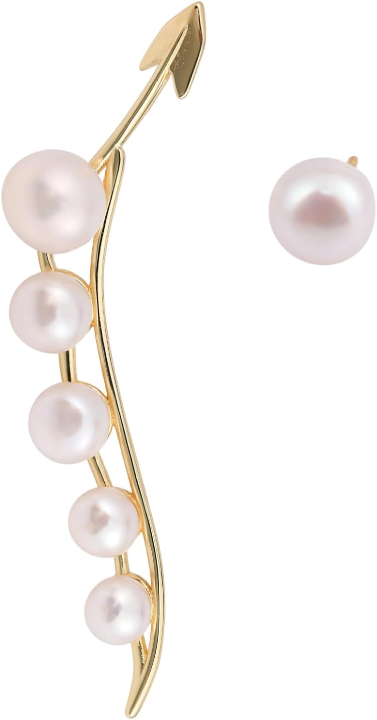 Goddess Glow Pearl Statement Earrings - Asymmetrical Ear Crawler & Stud with AAAA+ Freshwater Pearls, 18K Gold Plating, 925 Sterling Silver Posts - Unique & Elegant Pearl Earrings for Women