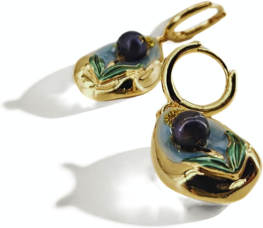 Tulip Pearl Drop Earrings, 18K Gold Plated, French Enamel with Natural Baroque Pearl, Two Styles Available