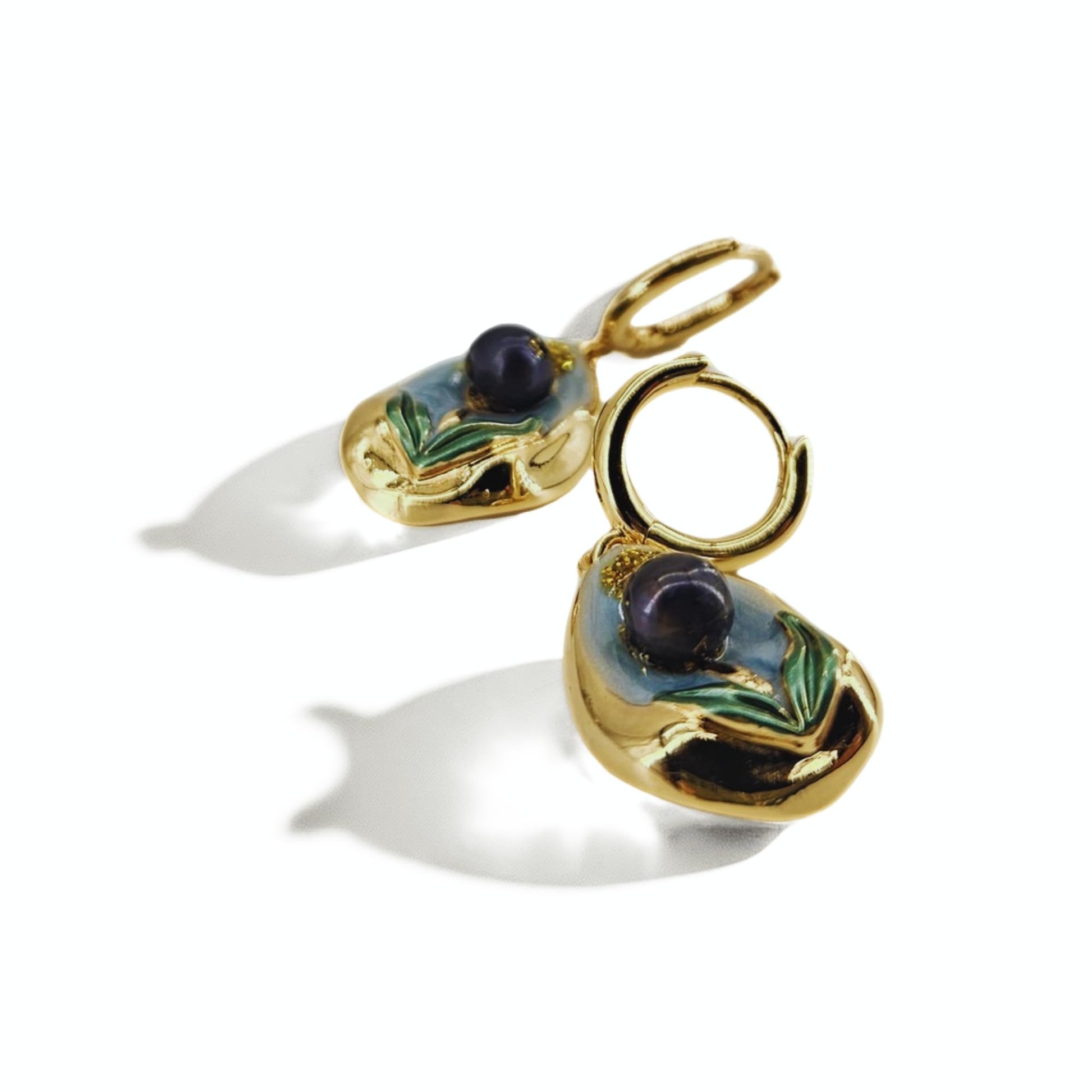 Tulip Pearl Drop Earrings, 18K Gold Plated, French Enamel with Natural Baroque Pearl, Two Styles Available