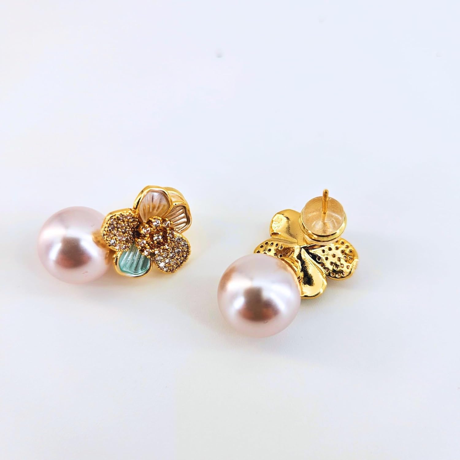 Golden Camellia Crystal Pearl Earrings, 18K Gold Plating, Hypoallergenic Sterling Silver Earring Posts, Statement Earrings for Women, Cute Jewelry Gift, Bride and Bridesmaid Earrings