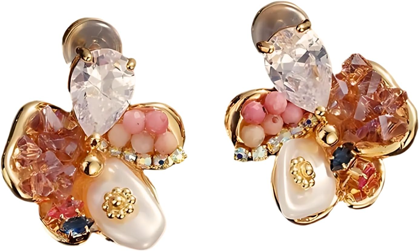 Golden Sakura Gemstone Stud Earrings for Women: Cherry Blossom-Inspired Flower Earrings with 18K Gold Plating, Real Baroque Pearls, Pink Crystals, Rhinestones, Floral Jewelry for Women
