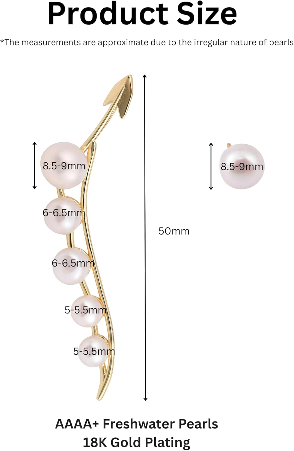 Goddess Glow Pearl Statement Earrings - Asymmetrical Ear Crawler & Stud with AAAA+ Freshwater Pearls, 18K Gold Plating, 925 Sterling Silver Posts - Unique & Elegant Pearl Earrings for Women