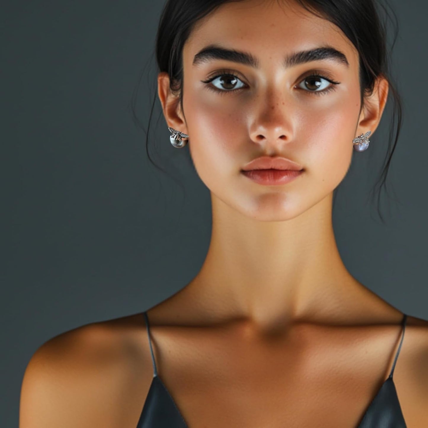 Honey Whispers Bumble Bee Stud Earrings for Women, Trendy Double-Sided Big Pearl Earrings, Grey Crystal Pearls with Zirconia Honeybee Design, Hypoallergenic Sterling Silver Studs