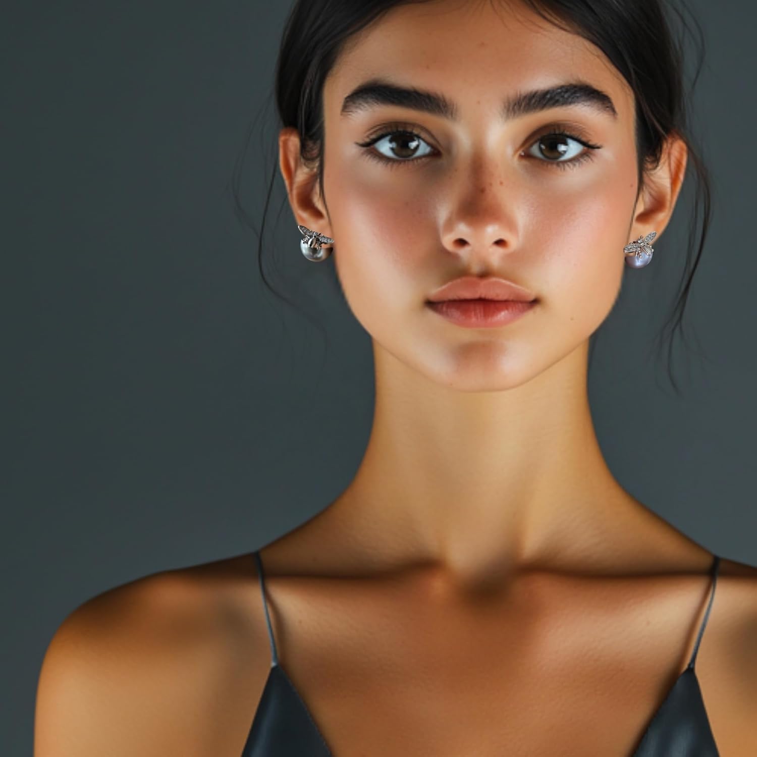 Honey Whispers Bumble Bee Stud Earrings for Women, Trendy Double-Sided Big Pearl Earrings, Grey Crystal Pearls with Zirconia Honeybee Design, Hypoallergenic Sterling Silver Studs