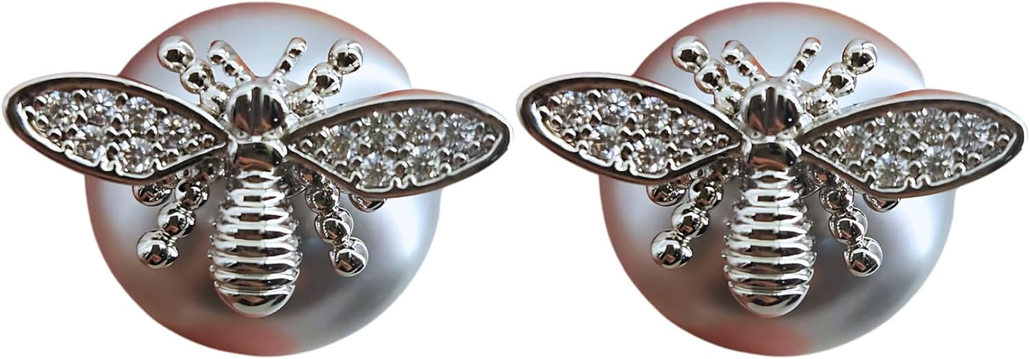 Honey Whispers Bumble Bee Stud Earrings for Women, Trendy Double-Sided Big Pearl Earrings, Grey Crystal Pearls with Zirconia Honeybee Design, Hypoallergenic Sterling Silver Studs