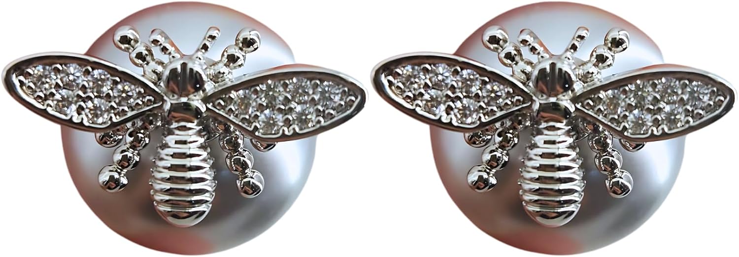Honey Whispers Bumble Bee Stud Earrings for Women, Trendy Double-Sided Big Pearl Earrings, Grey Crystal Pearls with Zirconia Honeybee Design, Hypoallergenic Sterling Silver Studs
