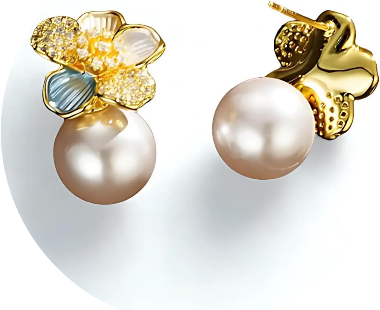 Golden Camellia Crystal Pearl Earrings, 18K Gold Plating, Hypoallergenic Sterling Silver Earring Posts, Statement Earrings for Women, Cute Jewelry Gift, Bride and Bridesmaid Earrings