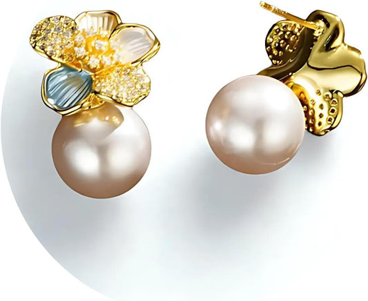 Golden Camellia Crystal Pearl Earrings, 18K Gold Plating, Hypoallergenic Sterling Silver Earring Posts, Statement Earrings for Women, Cute Jewelry Gift, Bride and Bridesmaid Earrings