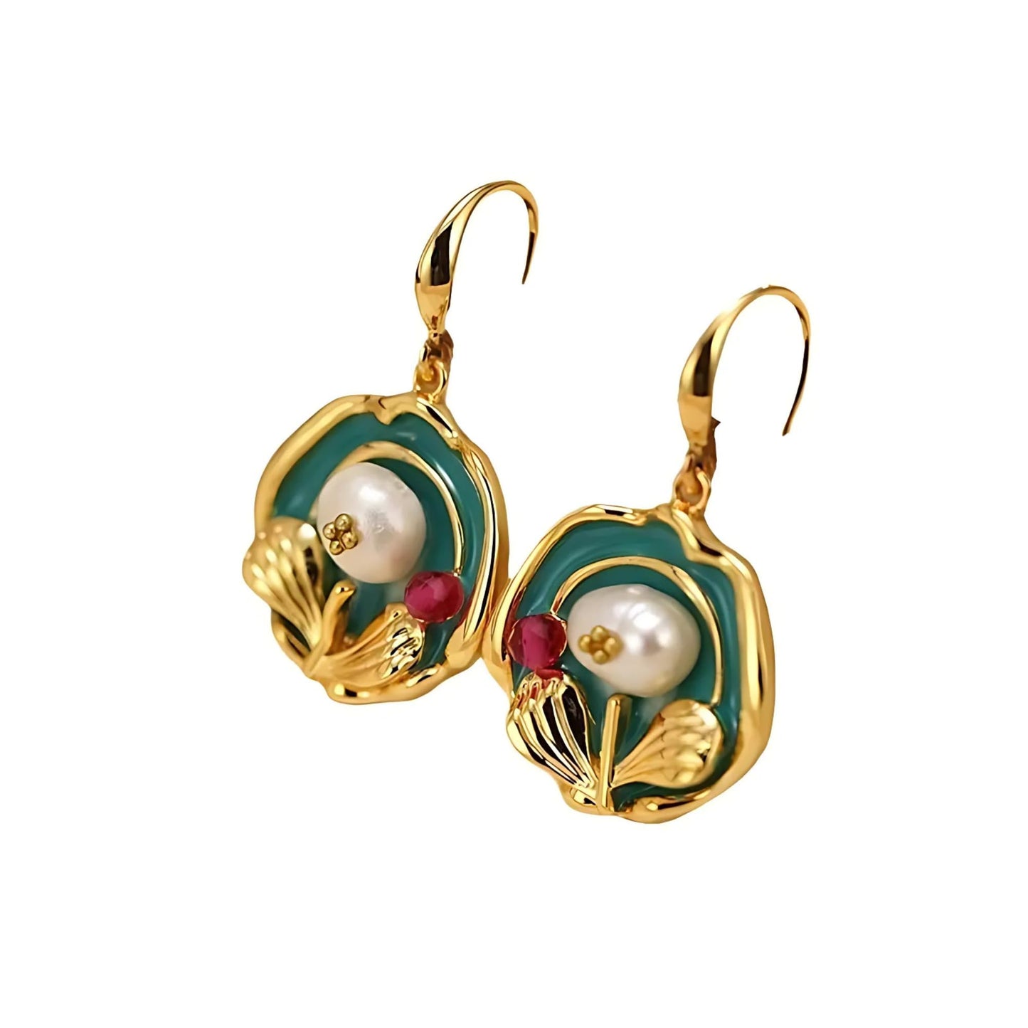 Tulip Pearl Drop Earrings, 18K Gold Plated, French Enamel with Natural Baroque Pearl, Two Styles Available