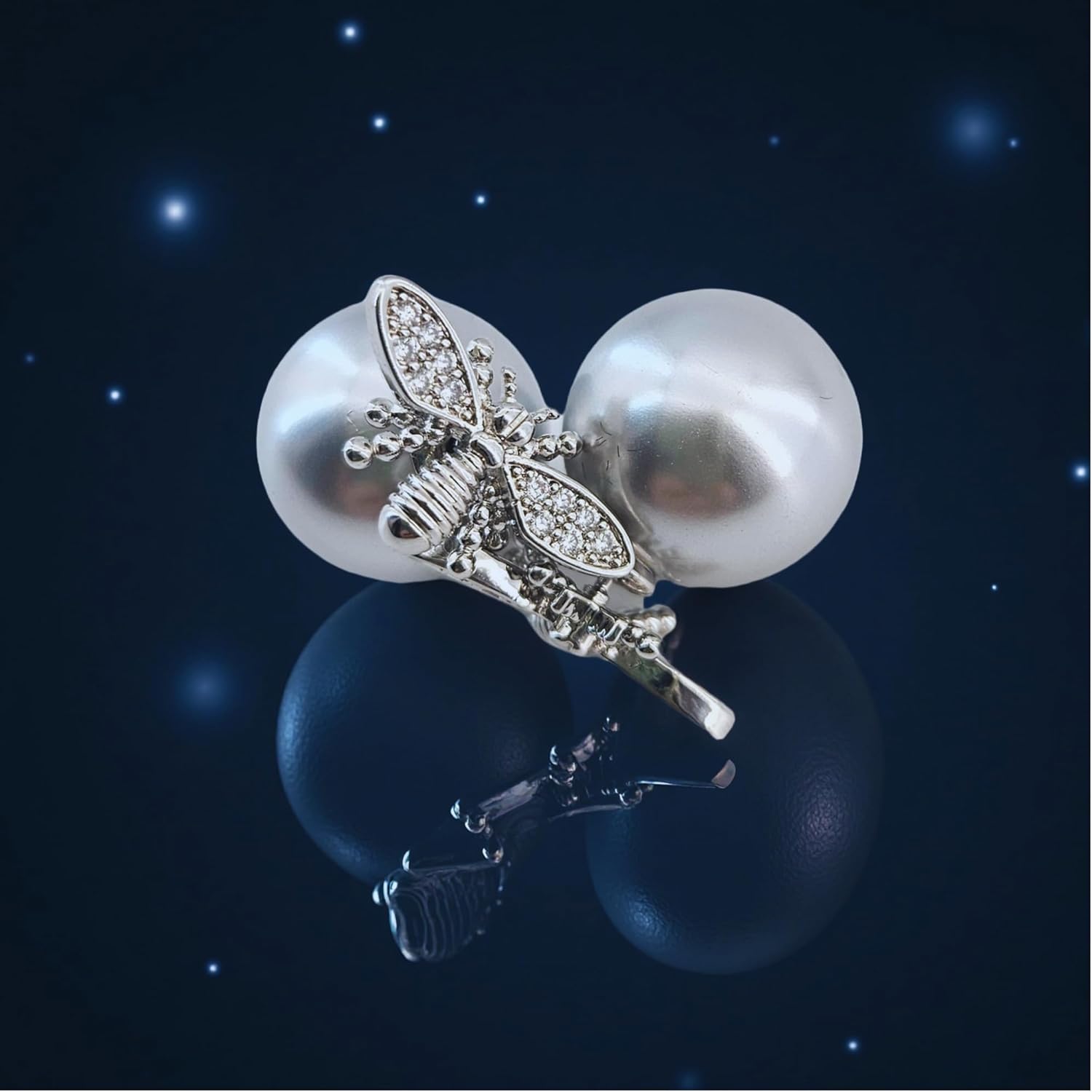 Honey Whispers Bumble Bee Stud Earrings for Women, Trendy Double-Sided Big Pearl Earrings, Grey Crystal Pearls with Zirconia Honeybee Design, Hypoallergenic Sterling Silver Studs