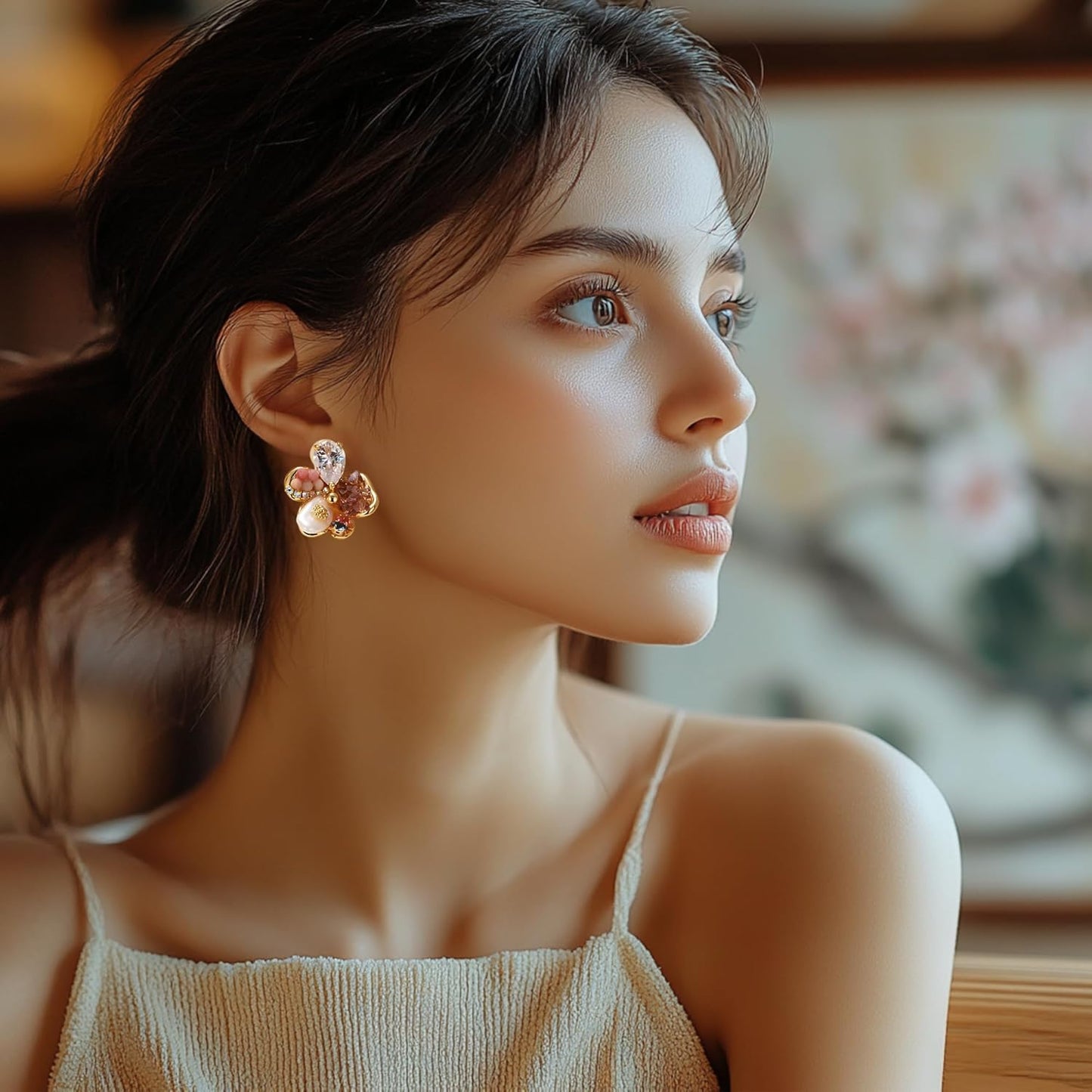 Golden Sakura Gemstone Stud Earrings for Women: Cherry Blossom-Inspired Flower Earrings with 18K Gold Plating, Real Baroque Pearls, Pink Crystals, Rhinestones, Floral Jewelry for Women