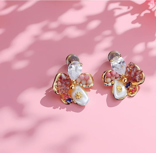 Golden Sakura Gemstone Stud Earrings for Women: Cherry Blossom-Inspired Flower Earrings with 18K Gold Plating, Real Baroque Pearls, Pink Crystals, Rhinestones, Floral Jewelry for Women