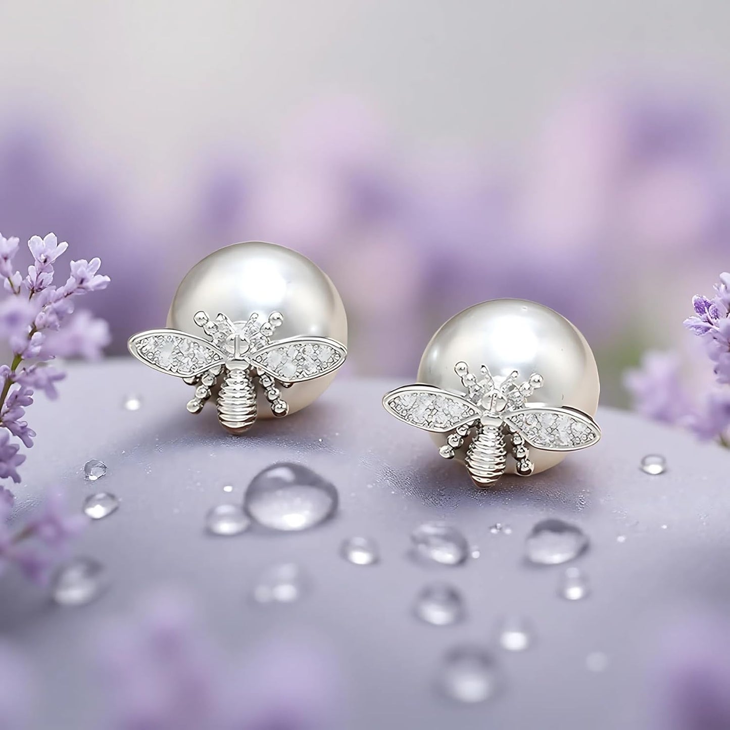 Honey Whispers Bumble Bee Stud Earrings for Women, Trendy Double-Sided Big Pearl Earrings, Grey Crystal Pearls with Zirconia Honeybee Design, Hypoallergenic Sterling Silver Studs
