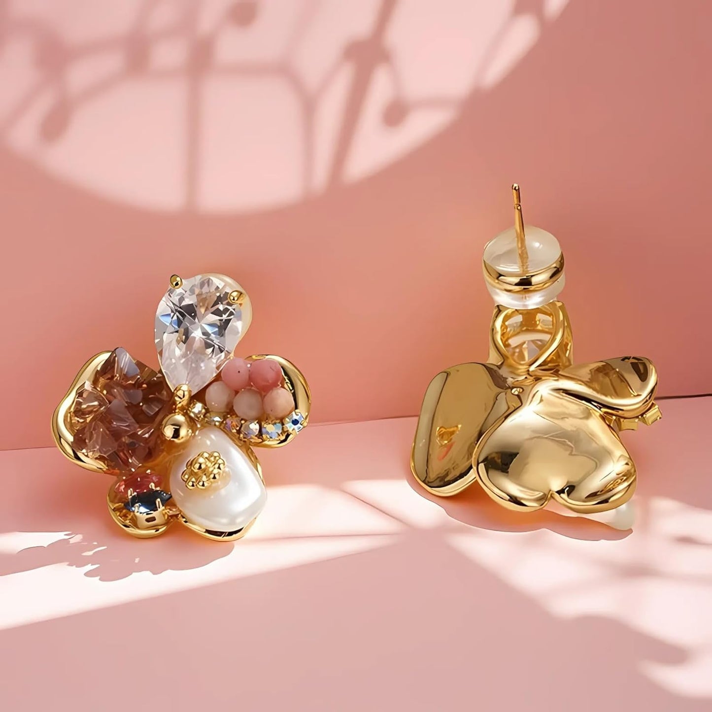 Golden Sakura Gemstone Stud Earrings for Women: Cherry Blossom-Inspired Flower Earrings with 18K Gold Plating, Real Baroque Pearls, Pink Crystals, Rhinestones, Floral Jewelry for Women