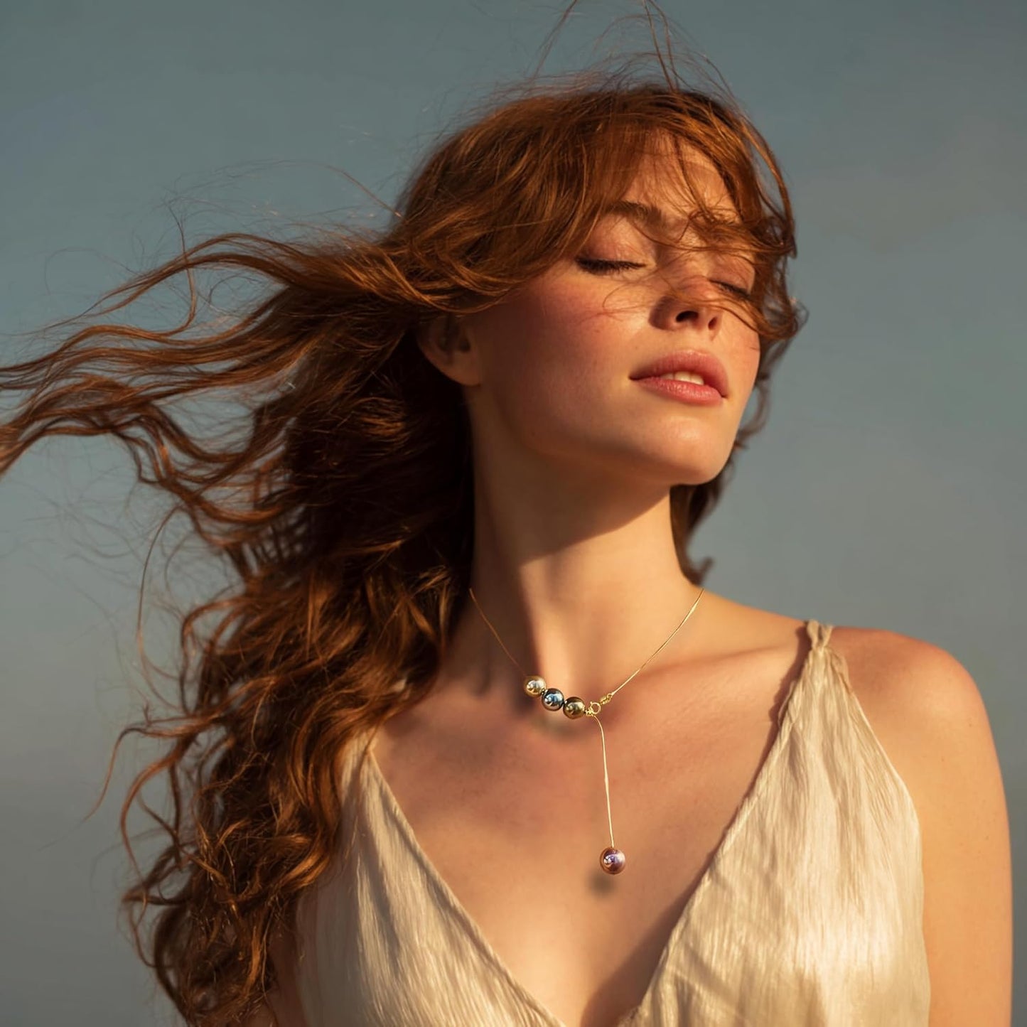 Celestial Harmony Dainty Gold Necklace with Simulated Tahitian Pearls – 925 Sterling Silver Snake Chain with 18K Gold Plating, Trendy Minimalist Choker and Lariat Necklace for Women, Statement Jewelry