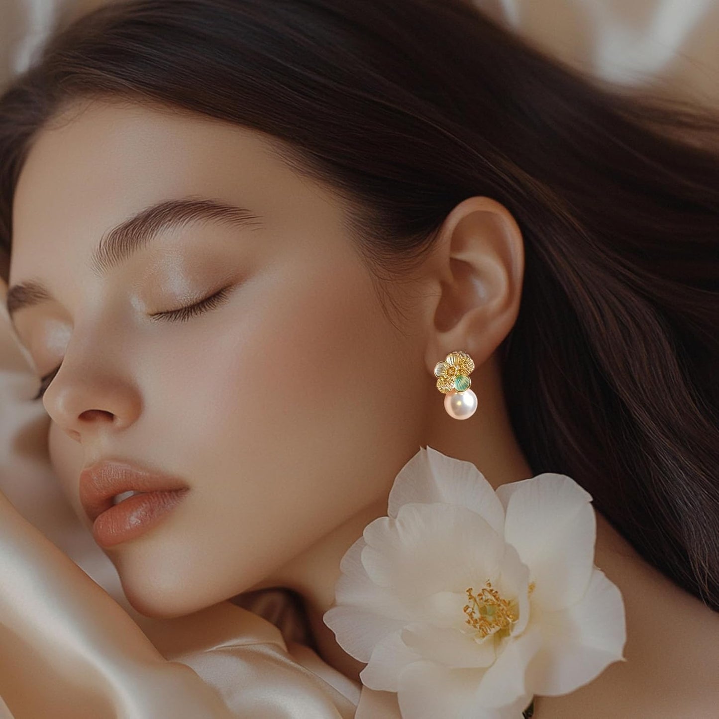 Golden Camellia Crystal Pearl Earrings, 18K Gold Plating, Hypoallergenic Sterling Silver Earring Posts, Statement Earrings for Women, Cute Jewelry Gift, Bride and Bridesmaid Earrings