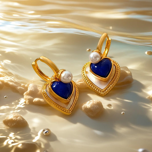 Aegean Heartbeat Gold Hoop Dangle Earrings, 18K Gold Plating with Enamel & Seashells, Statement Earrings for Women Trendy, Small Gold Hoops