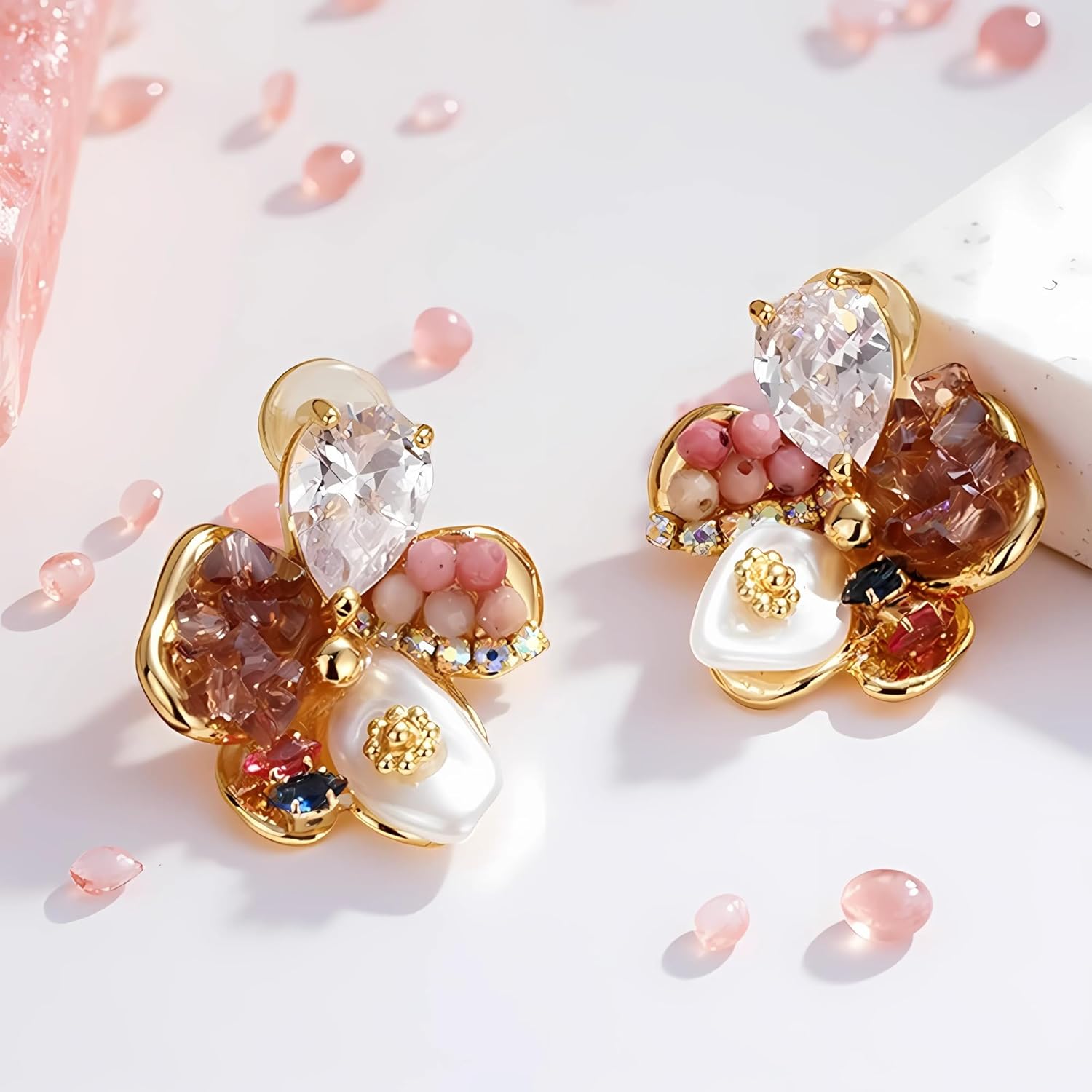 Golden Sakura Gemstone Stud Earrings for Women: Cherry Blossom-Inspired Flower Earrings with 18K Gold Plating, Real Baroque Pearls, Pink Crystals, Rhinestones, Floral Jewelry for Women