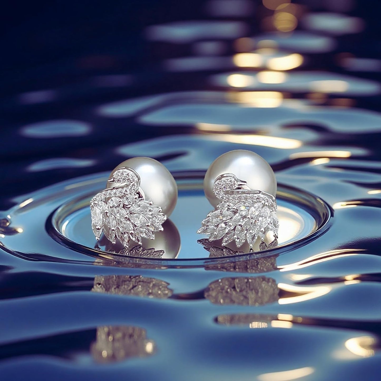 Moonlit Serenade Swan Stud Earrings for Women, Trendy Double-Sided Swan & Grey Crystal Big Pearl Studs, Hypoallergenic Sterling Silver Earring Posts, Statement Pearl Jewelry, Cute Unique Jewelry Gift