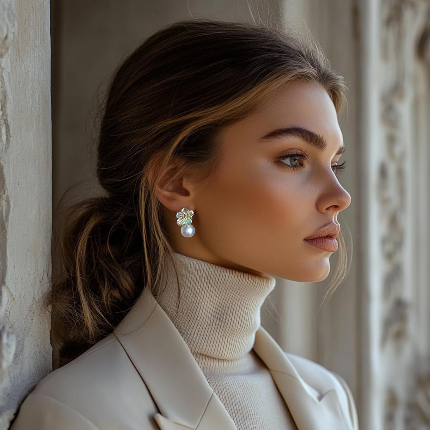 Golden Camellia Crystal Pearl Earrings, 18K Gold Plating, Hypoallergenic Sterling Silver Earring Posts, Statement Earrings for Women, Cute Jewelry Gift, Bride and Bridesmaid Earrings