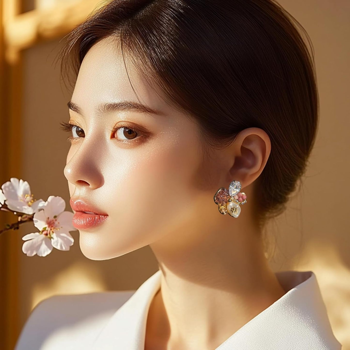 Golden Sakura Gemstone Stud Earrings for Women: Cherry Blossom-Inspired Flower Earrings with 18K Gold Plating, Real Baroque Pearls, Pink Crystals, Rhinestones, Floral Jewelry for Women