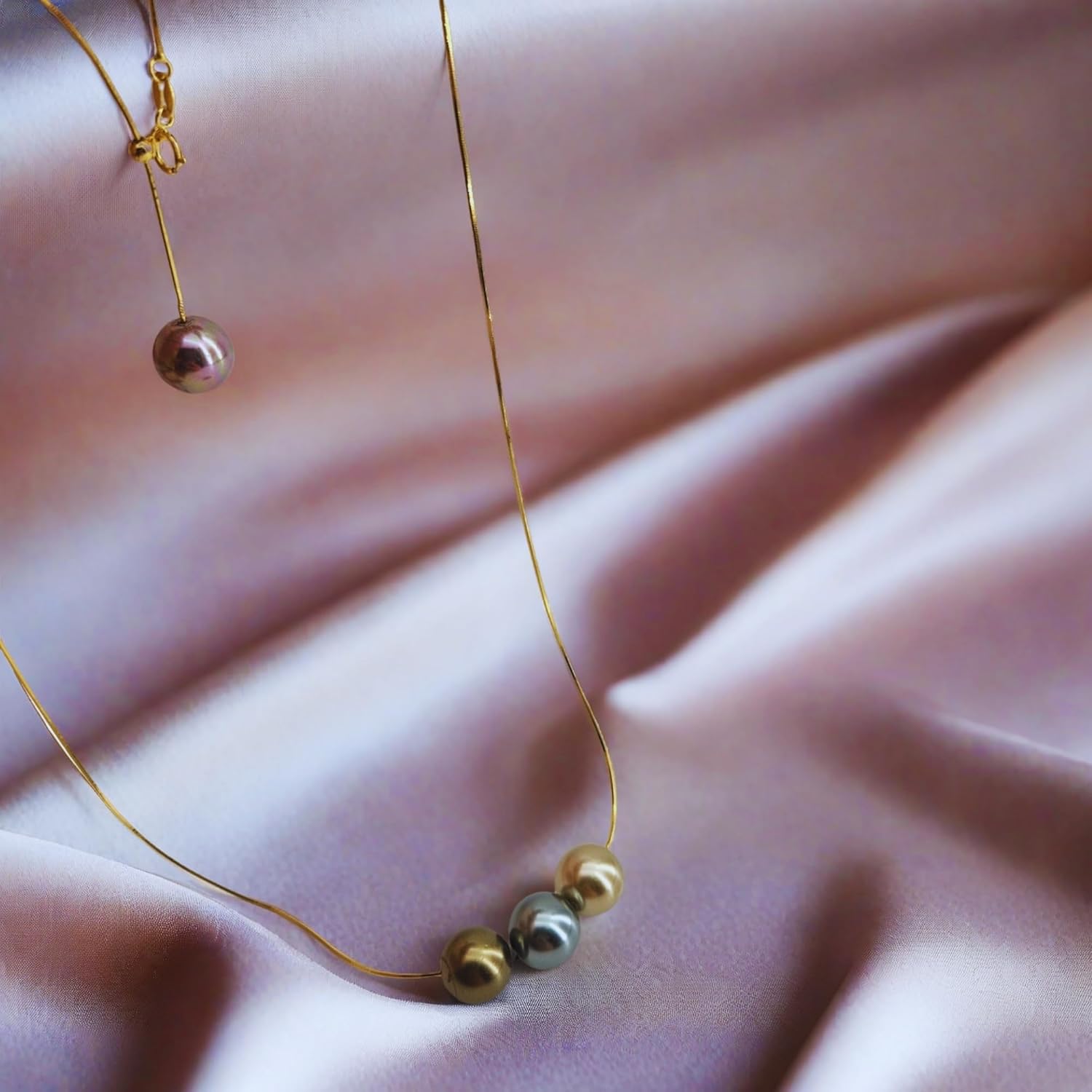 Celestial Harmony Dainty Gold Necklace with Simulated Tahitian Pearls – 925 Sterling Silver Snake Chain with 18K Gold Plating, Trendy Minimalist Choker and Lariat Necklace for Women, Statement Jewelry