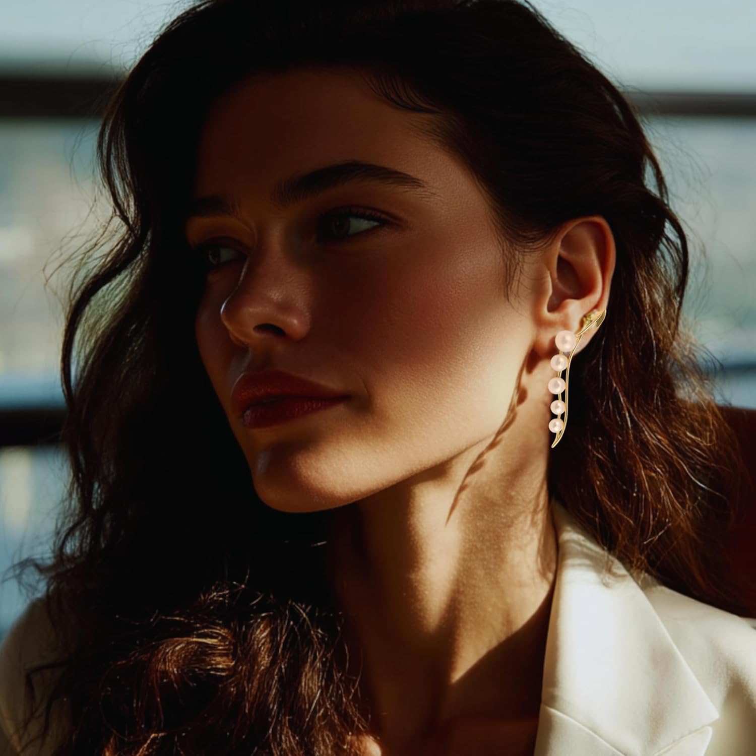 Goddess Glow Pearl Statement Earrings - Asymmetrical Ear Crawler & Stud with AAAA+ Freshwater Pearls, 18K Gold Plating, 925 Sterling Silver Posts - Unique & Elegant Pearl Earrings for Women