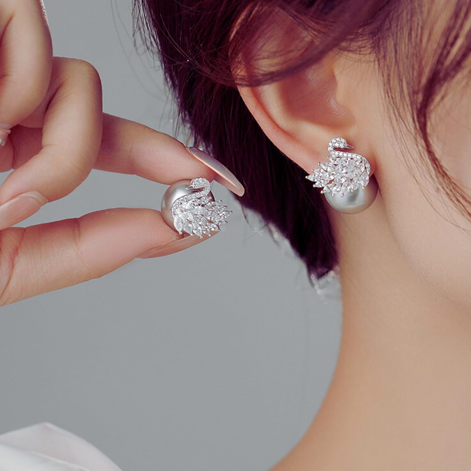 Moonlit Serenade Swan Stud Earrings for Women, Trendy Double-Sided Swan & Grey Crystal Big Pearl Studs, Hypoallergenic Sterling Silver Earring Posts, Statement Pearl Jewelry, Cute Unique Jewelry Gift
