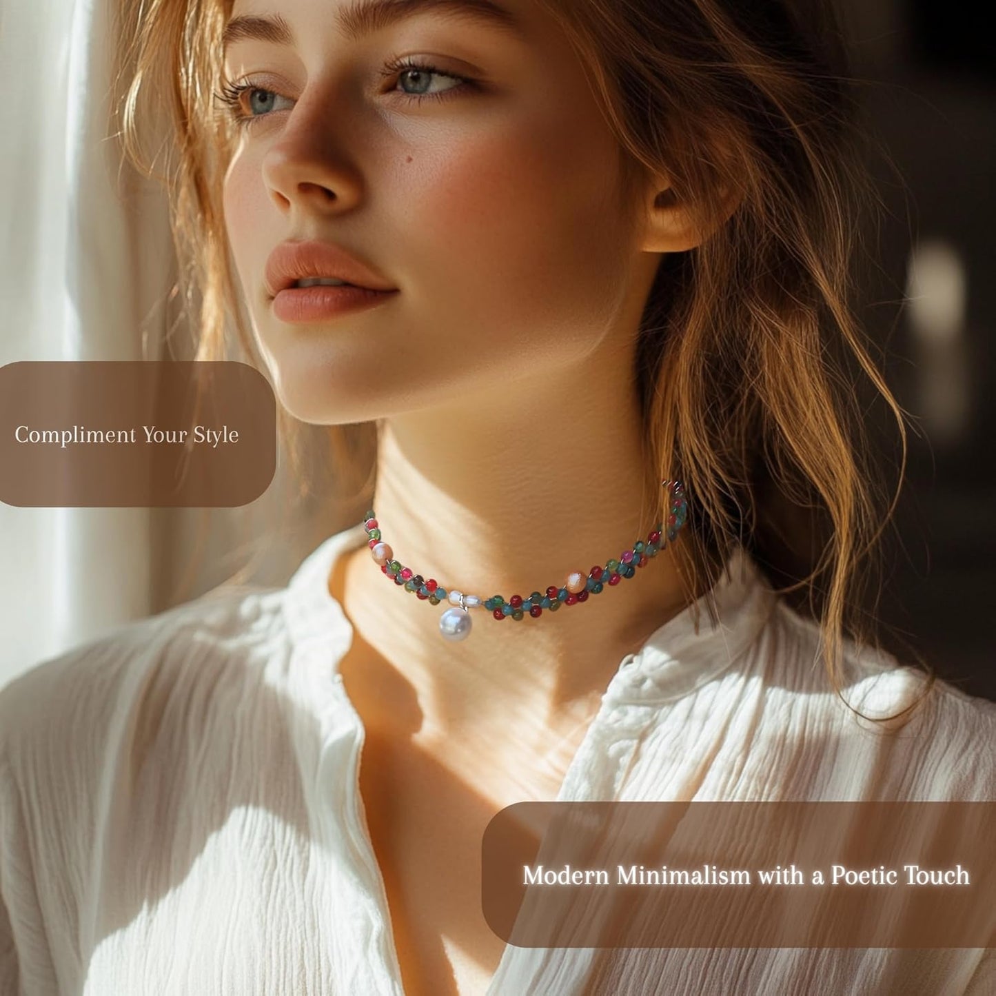 Primavera Dream Handcrafted Crystal & Pearl Choker Necklace: Natural Agate, Aquamarine, and Pearl Accents - Convertible Beachy Statement Necklace and Bracelet for Women, Beaded Gothic Jewelry