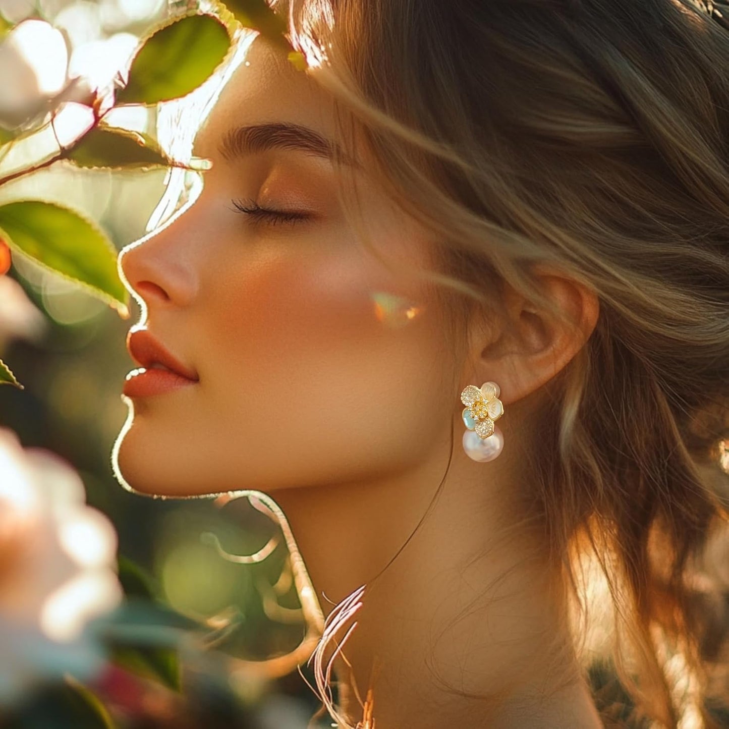 Golden Camellia Crystal Pearl Earrings, 18K Gold Plating, Hypoallergenic Sterling Silver Earring Posts, Statement Earrings for Women, Cute Jewelry Gift, Bride and Bridesmaid Earrings