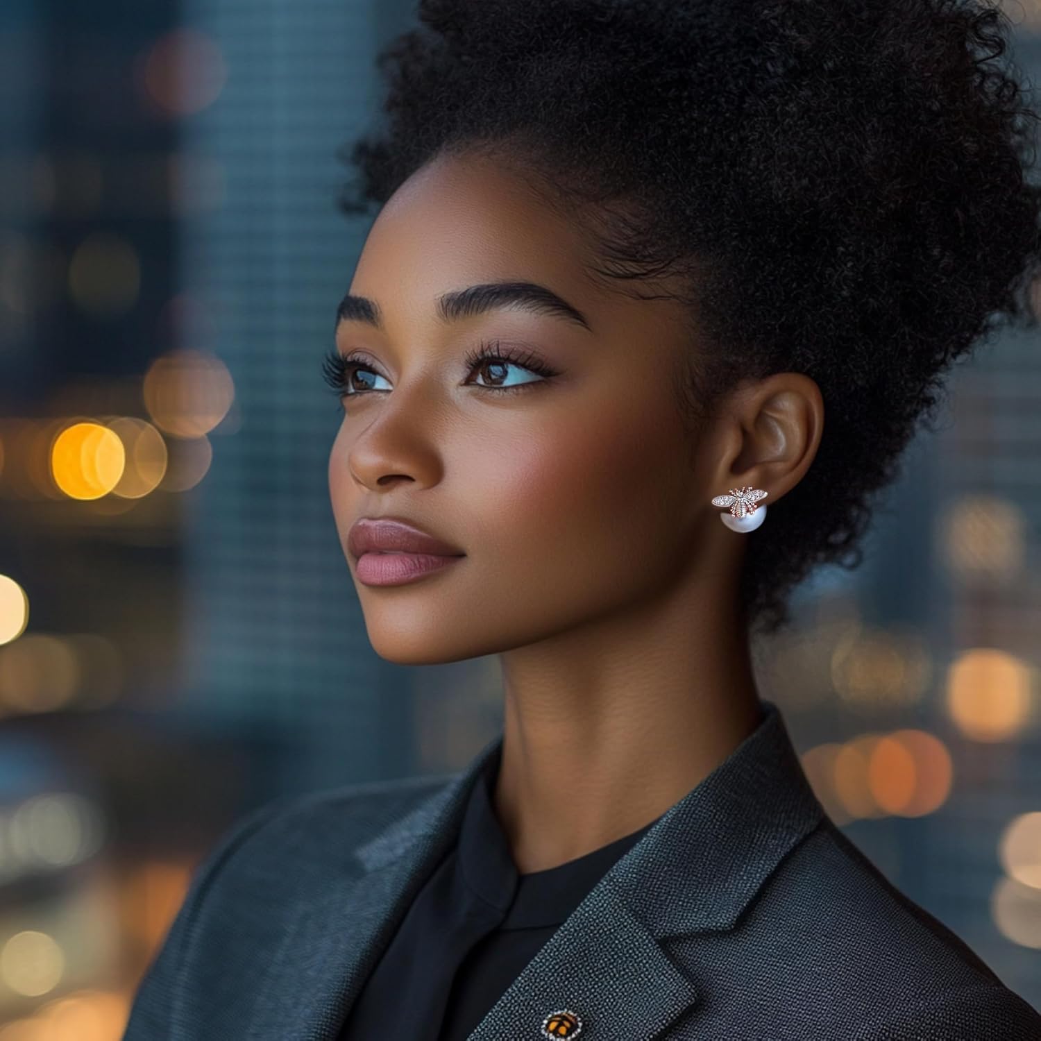 Honey Whispers Bumble Bee Stud Earrings for Women, Trendy Double-Sided Big Pearl Earrings, Grey Crystal Pearls with Zirconia Honeybee Design, Hypoallergenic Sterling Silver Studs