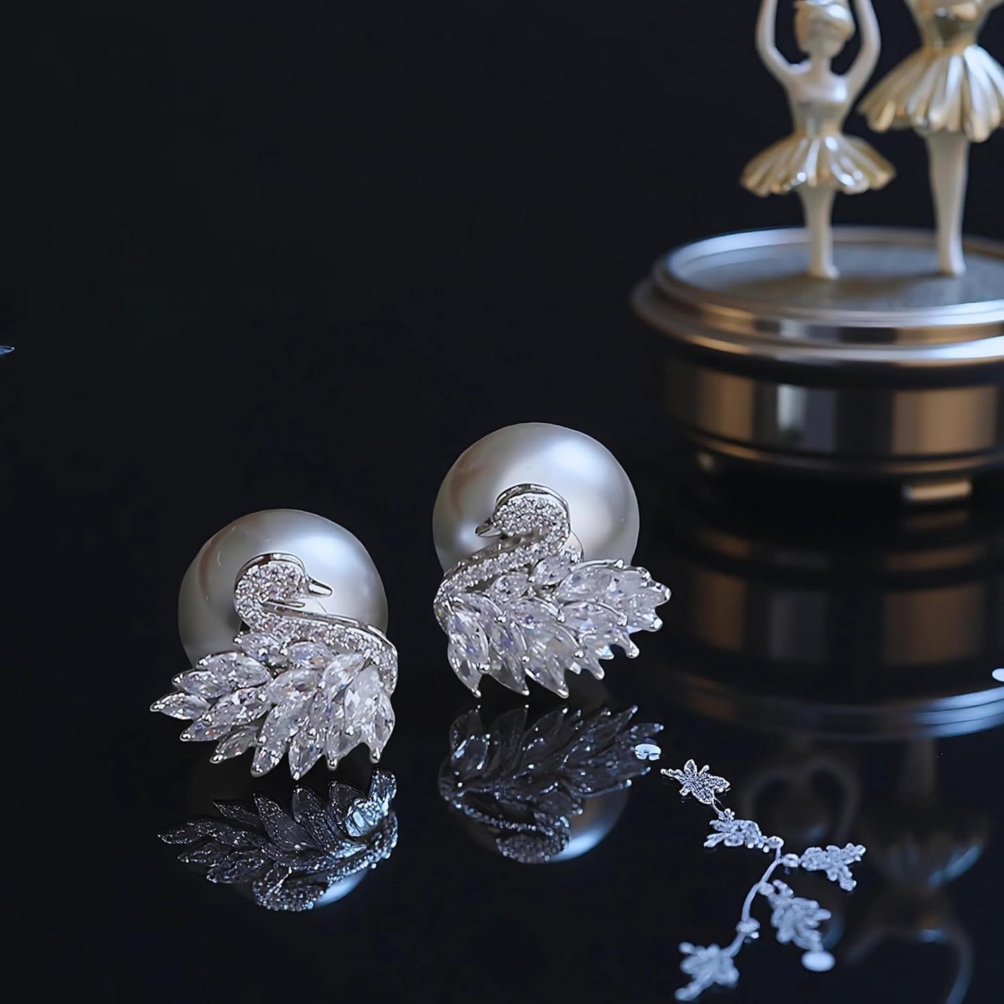Moonlit Serenade Swan Stud Earrings for Women, Trendy Double-Sided Swan & Grey Crystal Big Pearl Studs, Hypoallergenic Sterling Silver Earring Posts, Statement Pearl Jewelry, Cute Unique Jewelry Gift