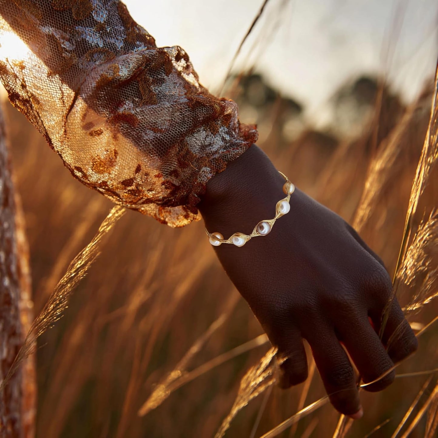 Goddess Gaze Gold Pearl Bracelet, Evil Eye Design with Large 8mm Baroque Pearls, Unique Handcrafted Jewelry Gift for Women