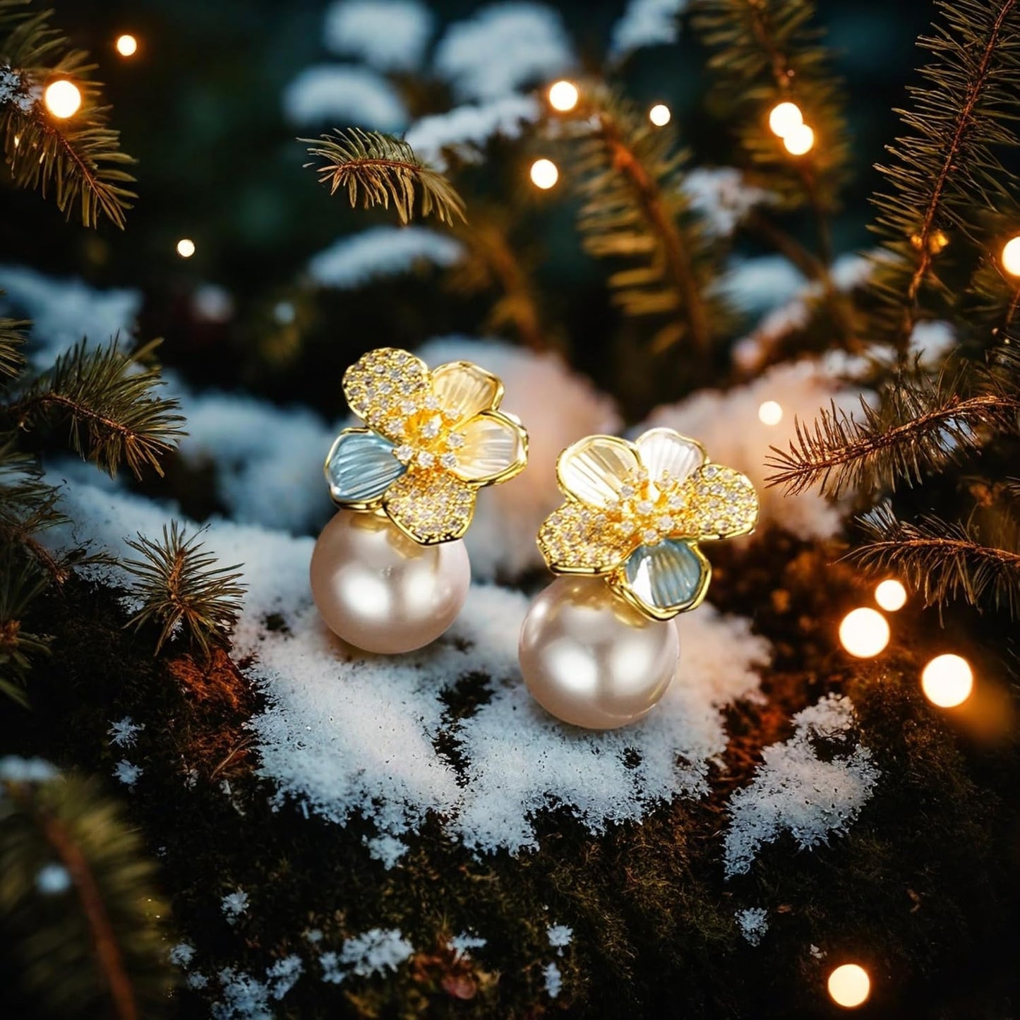 Golden Camellia Crystal Pearl Earrings, 18K Gold Plating, Hypoallergenic Sterling Silver Earring Posts, Statement Earrings for Women, Cute Jewelry Gift, Bride and Bridesmaid Earrings