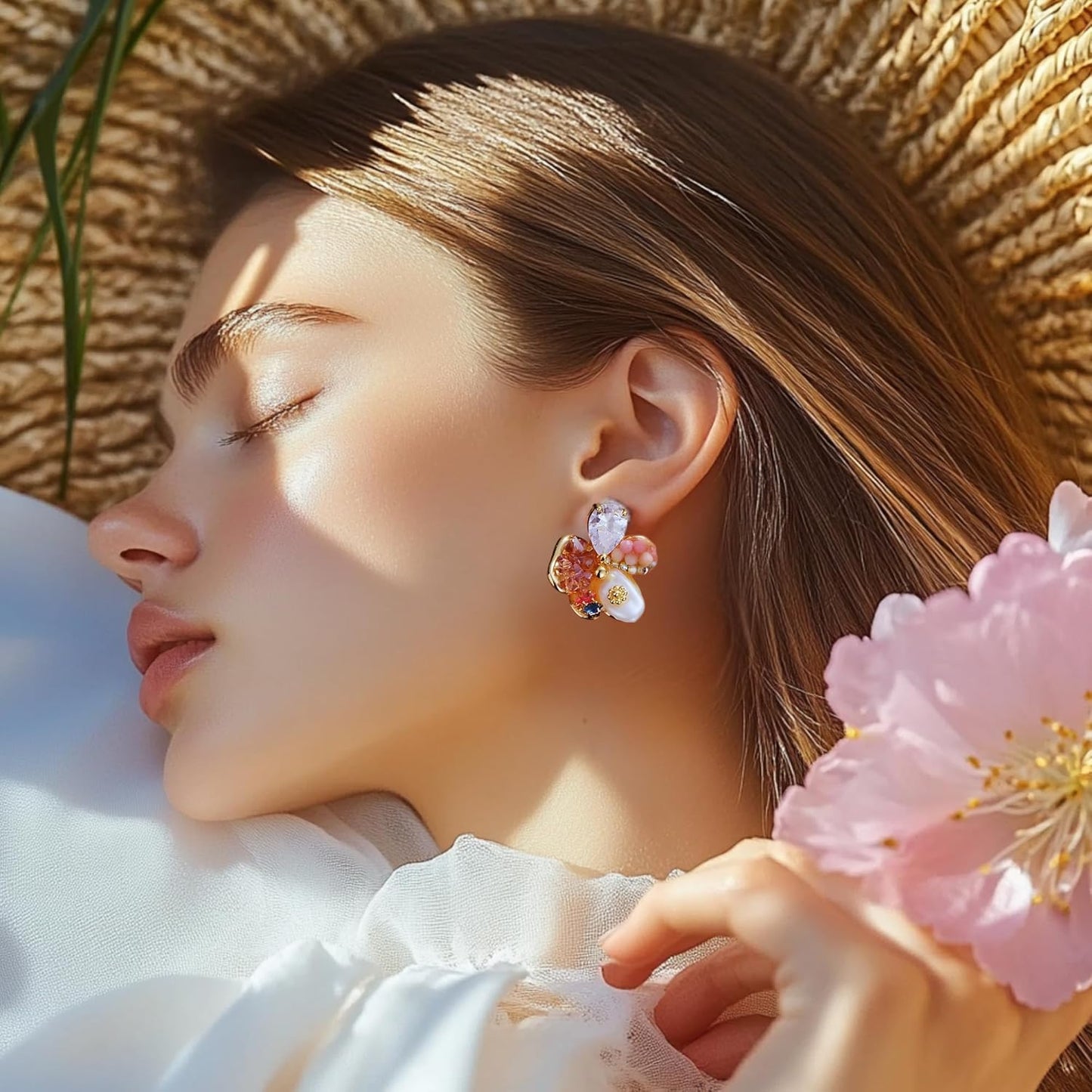 Golden Sakura Gemstone Stud Earrings for Women: Cherry Blossom-Inspired Flower Earrings with 18K Gold Plating, Real Baroque Pearls, Pink Crystals, Rhinestones, Floral Jewelry for Women