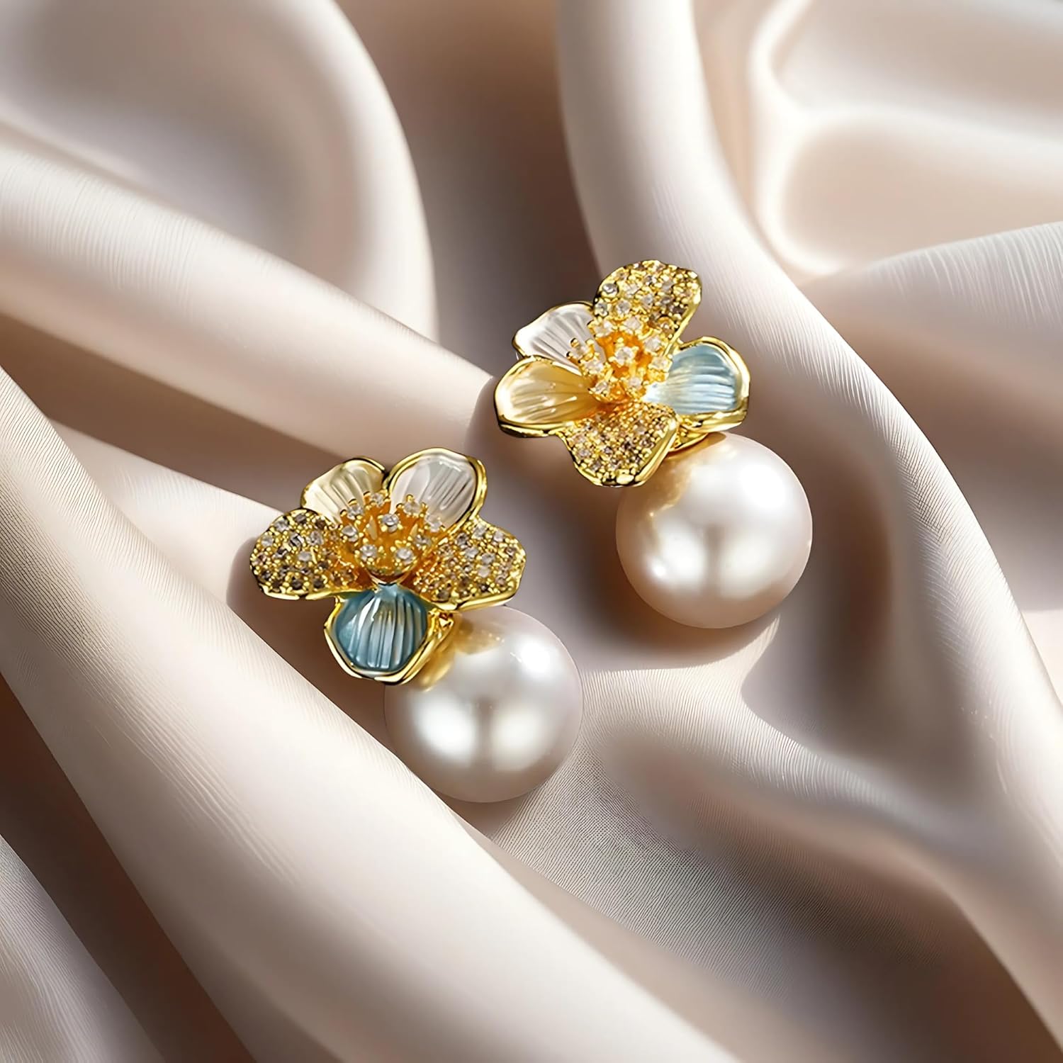 Golden Camellia Crystal Pearl Earrings, 18K Gold Plating, Hypoallergenic Sterling Silver Earring Posts, Statement Earrings for Women, Cute Jewelry Gift, Bride and Bridesmaid Earrings