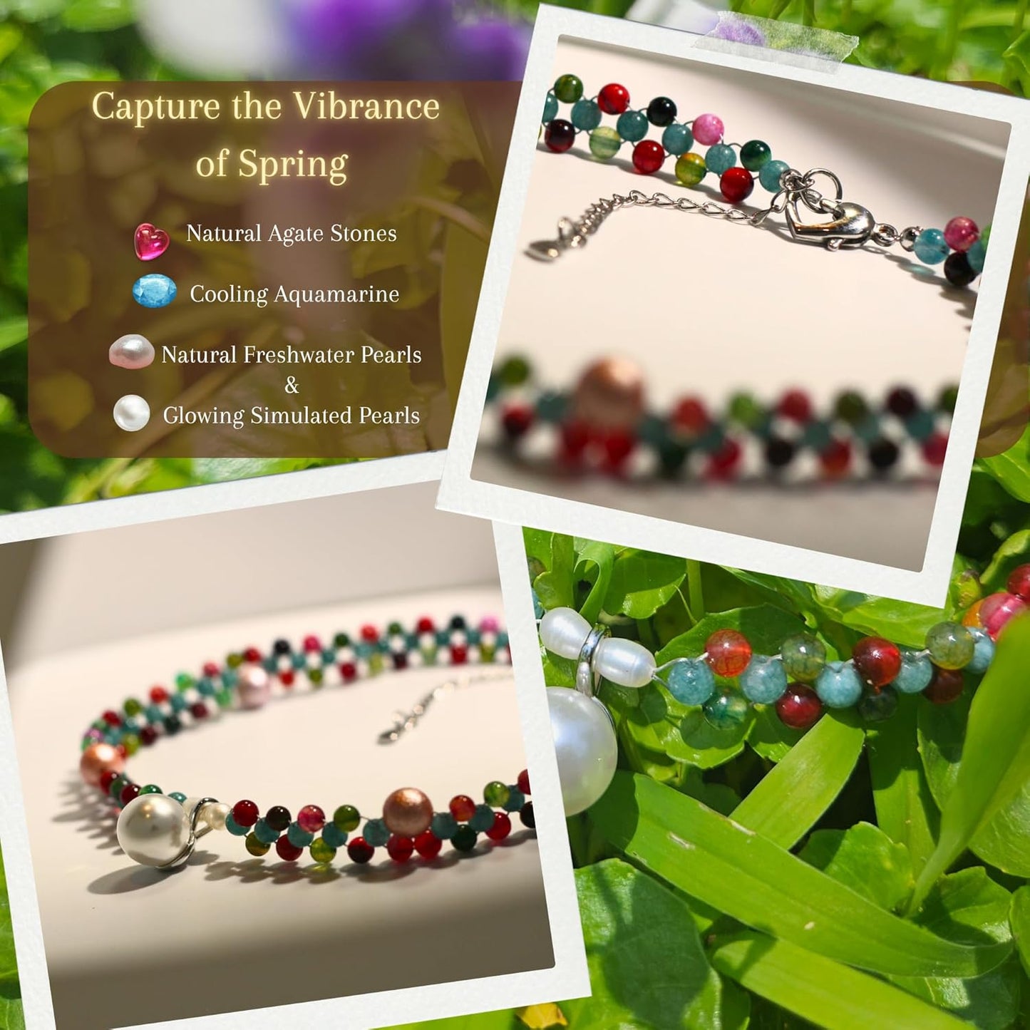 Primavera Dream Handcrafted Crystal & Pearl Choker Necklace: Natural Agate, Aquamarine, and Pearl Accents - Convertible Beachy Statement Necklace and Bracelet for Women, Beaded Gothic Jewelry