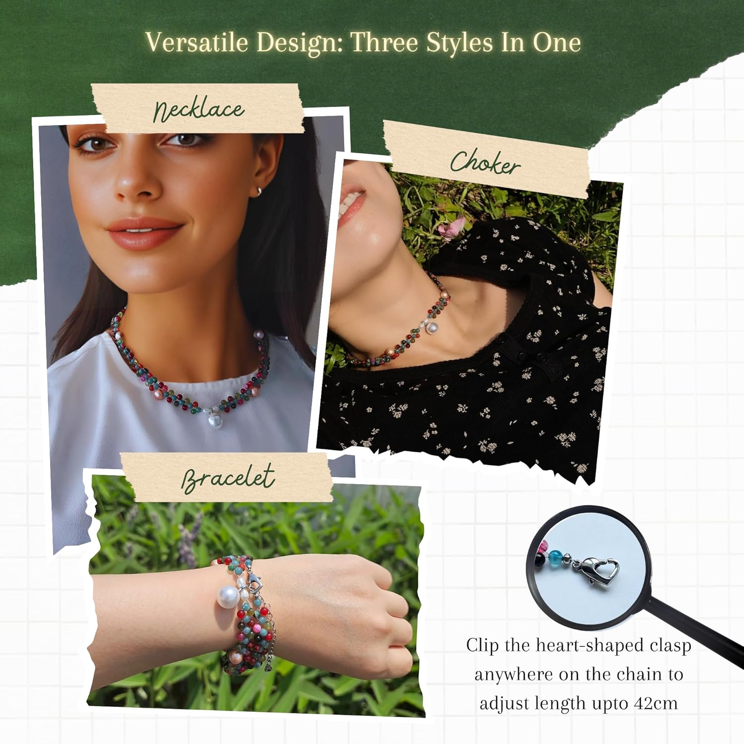 Primavera Dream Handcrafted Crystal & Pearl Choker Necklace: Natural Agate, Aquamarine, and Pearl Accents - Convertible Beachy Statement Necklace and Bracelet for Women, Beaded Gothic Jewelry