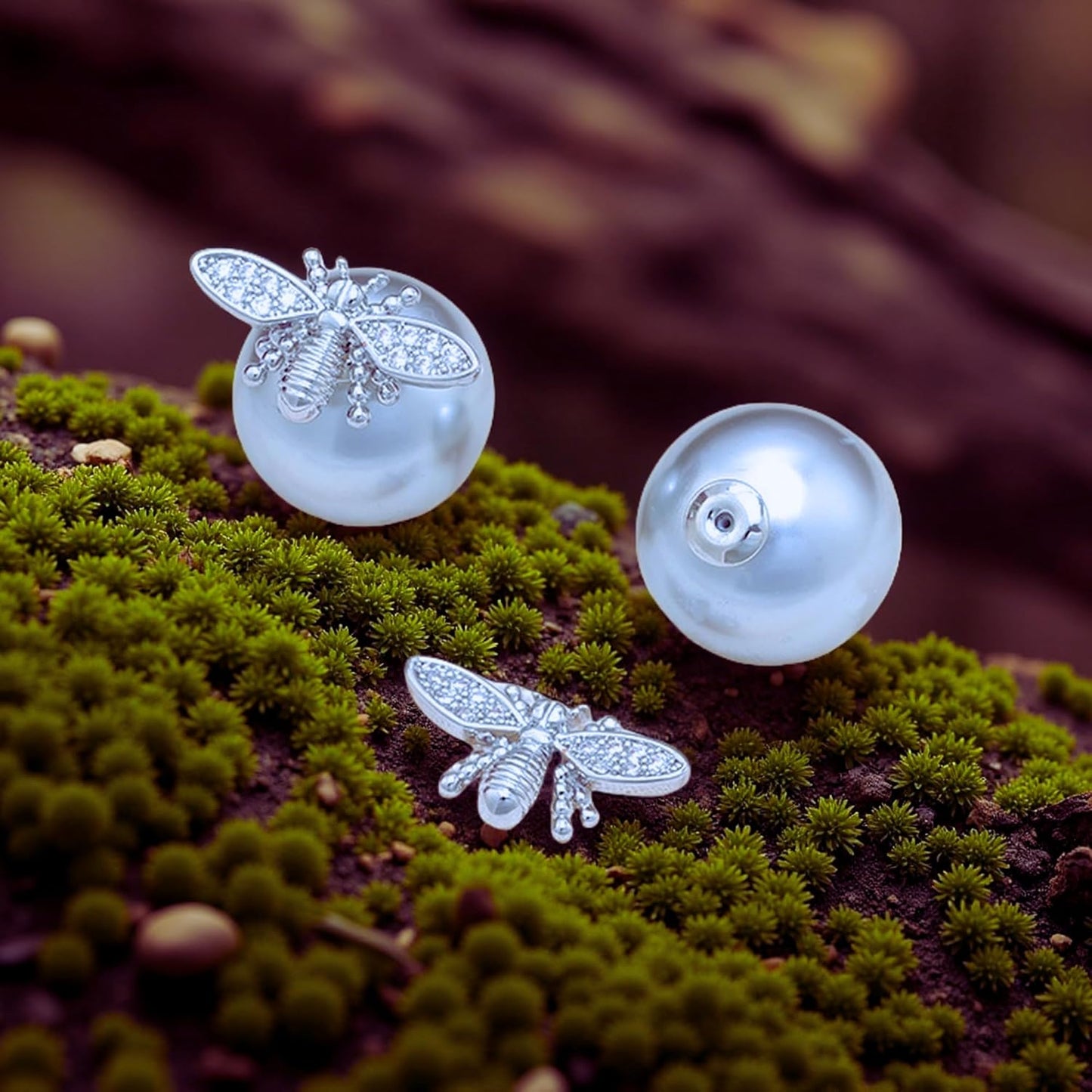 Honey Whispers Bumble Bee Stud Earrings for Women, Trendy Double-Sided Big Pearl Earrings, Grey Crystal Pearls with Zirconia Honeybee Design, Hypoallergenic Sterling Silver Studs