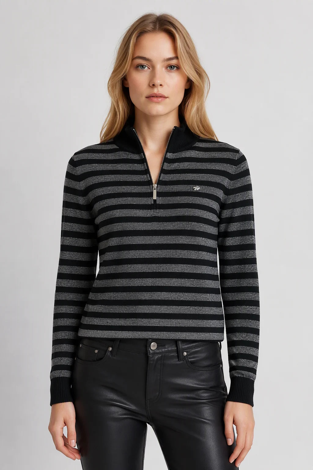 Thera Half-Zip Striped Wool-Blend Sweater - Heather Grey Front View