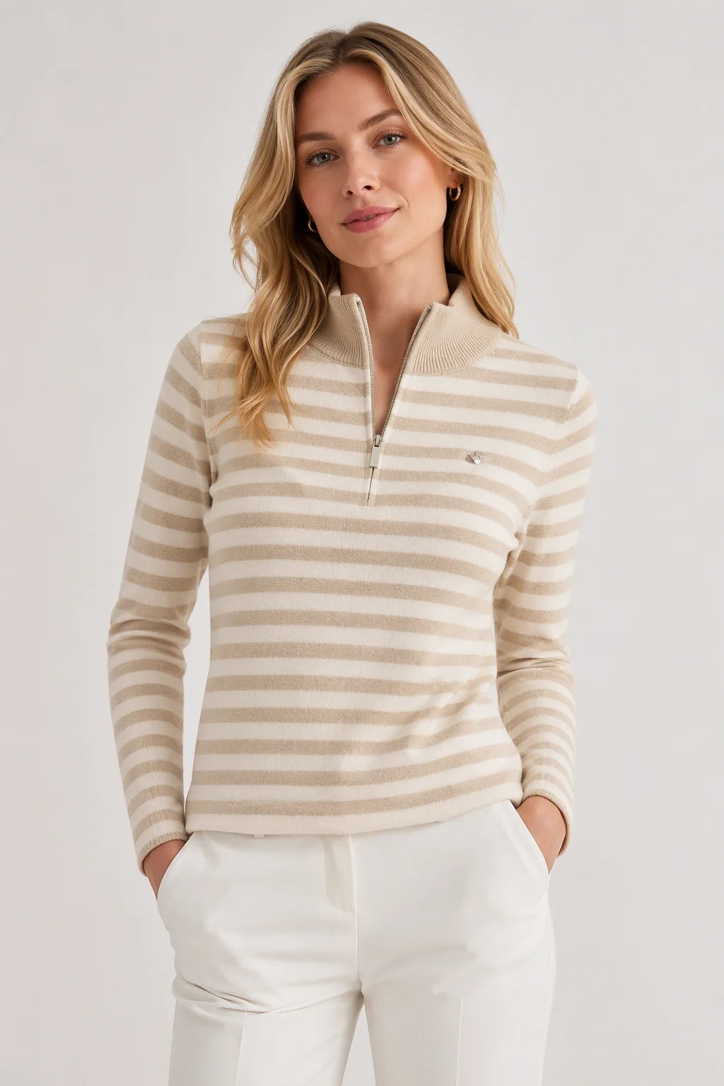 Thera Half-Zip Striped Wool-Blend Sweater - Oatmeal Cream Front View