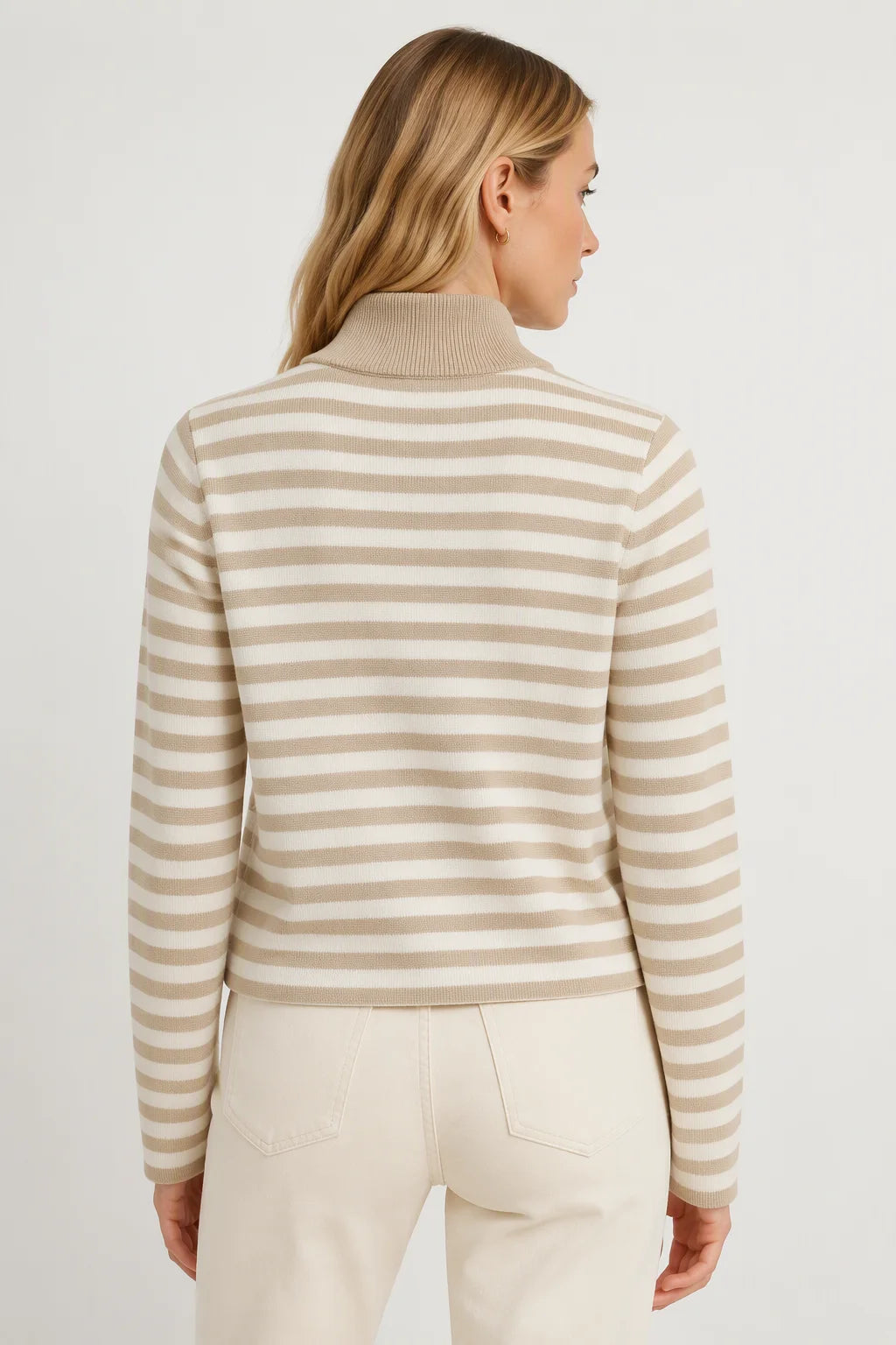 Thera Half-Zip Striped Wool-Blend Sweater - Oatmeal Cream Back View