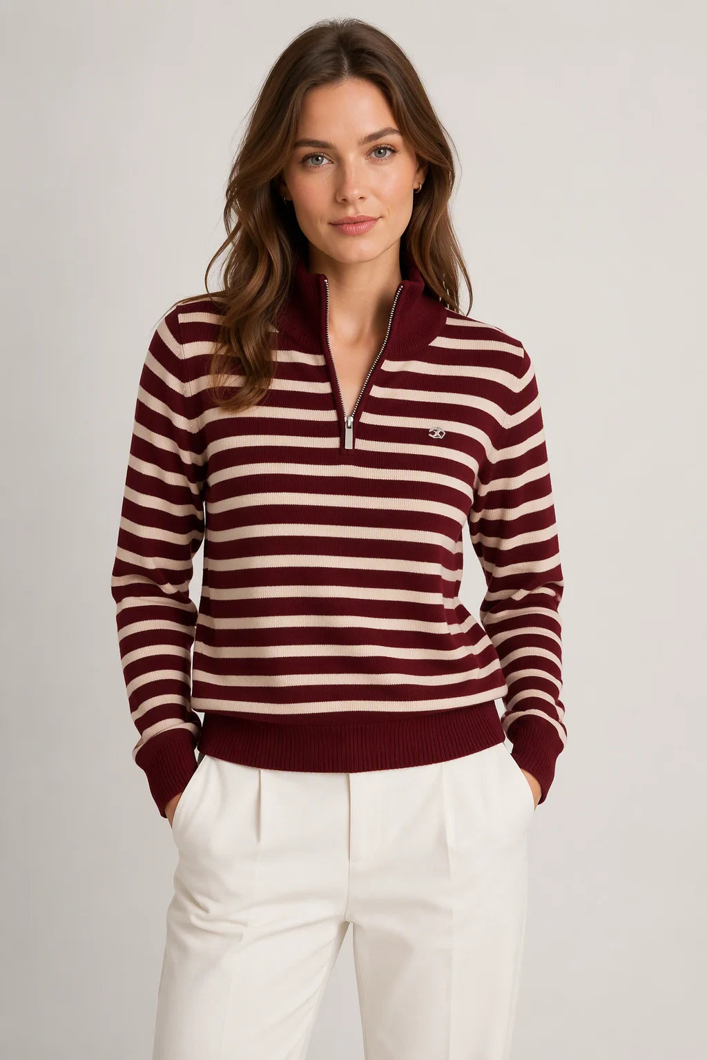 Thera Half-Zip Striped Wool-Blend Sweater - Burgundy Wine Front View