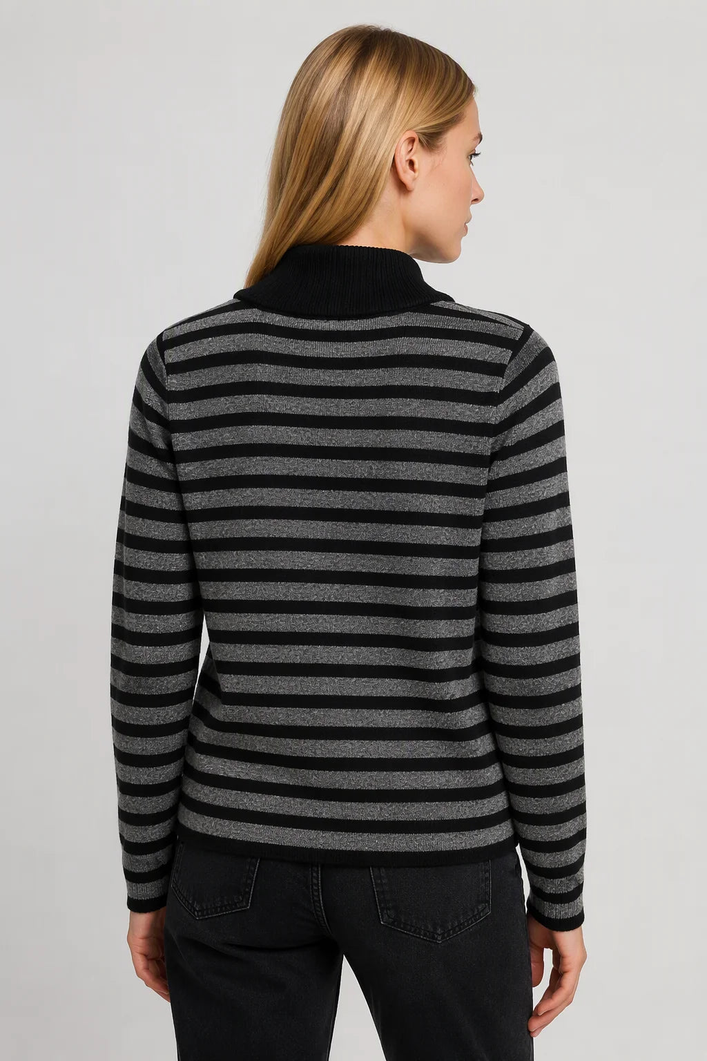 Thera Half-Zip Striped Wool-Blend Sweater - Heather Grey Back View