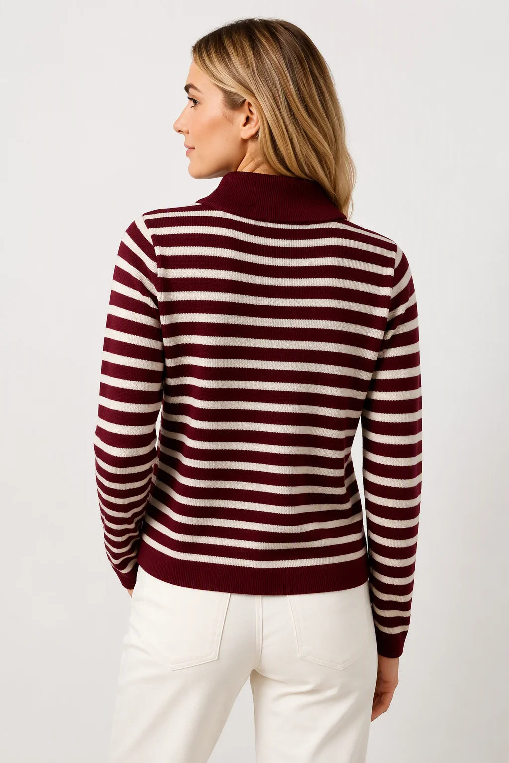 Thera Half-Zip Striped Wool-Blend Sweater - Burgundy Wine Back View